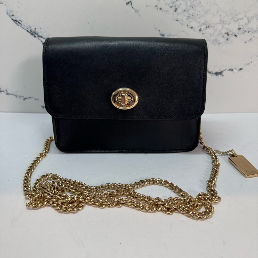 Coach Bowery Black Leather Crossbody Bag with Gold Chain